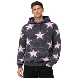 Vintage Wash Star Print Hoodies for Men Cotton Fleece Pullover Streetwear Oversized Fit Acid Wash Casual Wear Custom Logo ODM - Product Image 1