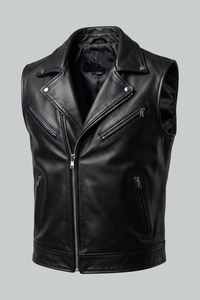 <b>Men's</b> <b>Black</b> Genuine Leather Casual Lace Moto <b>Vest</b> V-neck Zipper Closure Plus Size Regular Fit Solid Color Outerwear - Product Image 3