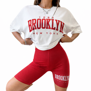 Conjunto de Camiseta y Pantalones Cortos Casuales para Mujer, Estilo Urbano Moderno, Sólido, por Encima de la Rodilla, Camiseta Holgada con 100% Algodón, Ropa de Verano - Product Image 2