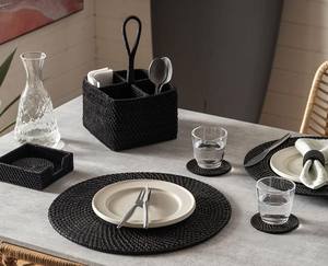 Porte-ustensiles carré en rotin tressé à la main, 4 compartiments, léger, écologique, de haute qualité, sûr pour les aliments, avec poignée, organisateur de vaisselle - Product Image 4