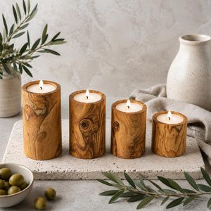 Porte-bougies cylindriques en bois naturel faits à la main, décoration rustique pour la maison, ensemble de 4 - Product Image 1