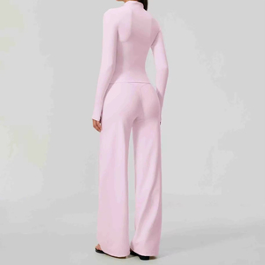 Conjunto de Yoga de 3 Piezas: Chaqueta con Cremallera y Cuello Alto, Sujetador Cruzado, Leggings Acampanados de Cintura Alta, Leggings Anchos de Cintura Alta, Conjuntos de Entrenamiento Personalizados - Product Image 4