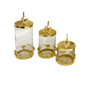 Bocaux cylindriques en verre à bord doré avec couvercles métalliques, empilables, pour la conservation des aliments et la fraîcheur en cuisine - Product Image 1