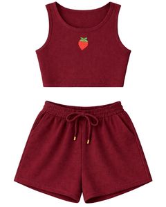 Conjunto de Top Corto Acanalado y Pantalones Cortos con Cordón para Mujer, Color Borgoña con Bordado de Fresa, Atuendo Casual de Dos Piezas Personalizado - Product Image 1
