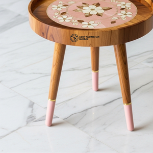 Wholesale Custom Artisan Wooden <b>Stool</b> Hand-Painted Floral Inlay Decorative Stand Durable Solid Wood Tripod Side <b>Table</b> - Product Image 5