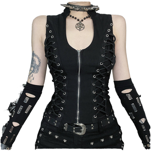 Dark Gothic Lace Short <b>Sweet</b> Style V-neck Front Zipper <b>Personalized</b> Spandex/Polyester Breathable Garment Dyed Tank Tops Women - Product Image 1