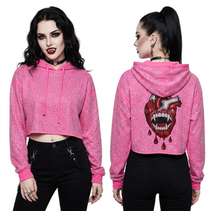 Custom Pink Cropped Hoodie Women Full Rhinestone Bling Sweatshirt Vampire Heart Crystal Graphic Cropped Hooded Top Streetwear - Product Image 1
