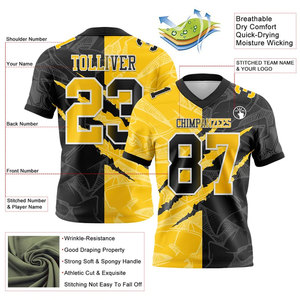 Maillot de football américain personnalisé sublimé unisexe col en V manches courtes noir jaune imprimé nom de l'équipe - Product Image 2