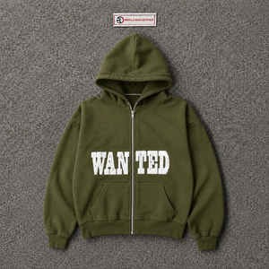 Sweat à capuche zippé oversize Olive pour homme, style streetwear, avec imprimé graphique 'Wanted', épaules tombantes, fermeture éclair intégrale, décontracté, en promotion - Product Image 5