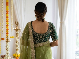 Sari en soie verte AARA Fashion avec broderie dorée, tenue traditionnelle indienne pour mariage, protection solaire toutes saisons pour femmes, longueur au sol - Product Image 3