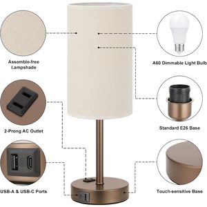 Lampada da Tavolo Beige Dimmerabile a 3 Modalità con Porta USB A+C e Presa AC, Base in Metallo Marrone Medio da 17,4 Pollici - Product Image 2