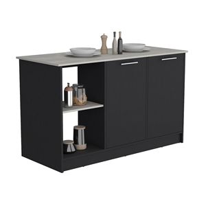 Black/Onyx Kitchen Island with Large Countertop Double Door Cabinet <b>Open</b> <b>Storage</b> Shelves - Product Image 4