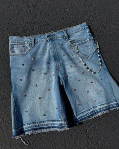 Shorts en jean baggy personnalisés de haute qualité pour hommes, 100 % coton, patchwork déchiré, streetwear avec strass James - Product Image 4