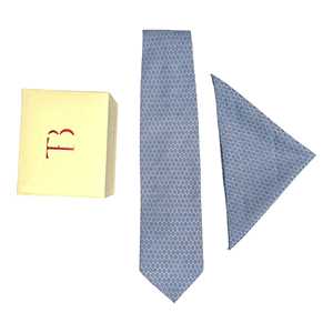 Cravate géométrique en cachemire Tie Benon et pochette assortie en bleu poussiéreux, vert marais, bleu marine pour tenue de marié - Product Image 3