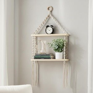 Étagère suspendue en macramé en bois d'acacia artisanal |   Jardinière murale bohème en gros - Product Image 1