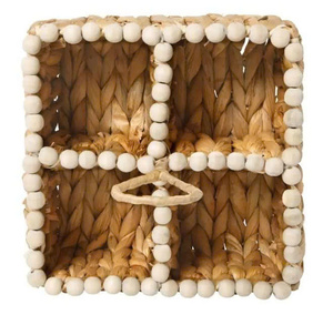 Water Hyacinth Utensil Caddy 4 Compartment Woven Silverware Holder with Handle Wood Beads Decorative Cutlery Basket For Kitchen - Product Image 5