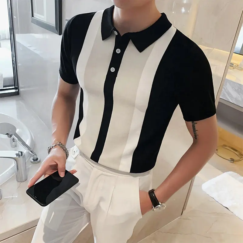 2021 Men's Fashion Handsome Short Sleeve Polo Shirt Retro Patchwork Knit Slim Polo Shirt Casual Lapel Button Top