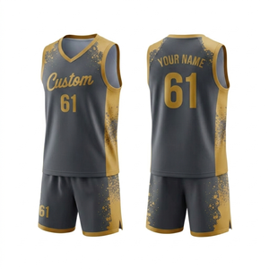 Custom Printed Gray Gold Basketball Jersey Set Sublimated Team Breathable Sleeveless V-neck Polyester Summer Sportswear - Product Image 1