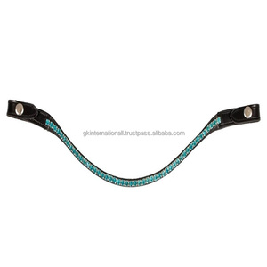 Banda para la frente de alta calidad con cristales redondos brillantes y cierre de botón a presión Forma de onda Banda para la frente de caballo de cuero inglés negro - Product Image 4