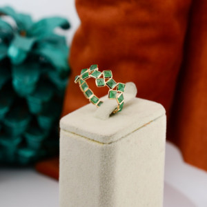 Natural Green Emerald Double-<b>Row</b> Statement Ring in Solid 18K Yellow Gold – Wide Geometric Bezel Set Band Luxury May Birthstone - Product Image 5