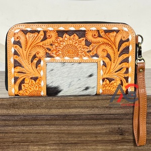Wholesale Factory Price Tooled Floral Leather Women Clutches High Quality Cowhide Leather <b>Card</b> <b>Holder</b> Long Wallet Travel Purse - Product Image 1