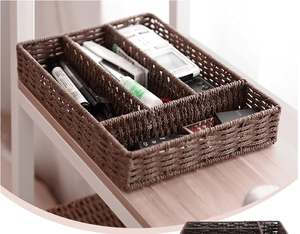 Panier de rangement rectangulaire moderne avec couvercle pour bureau, en rotin écologique, pour collations, stylos, clés, organisation de table et de bureau - Product Image 4