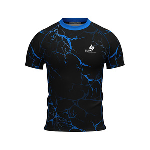 Camiseta Personalizada de Manga Corta para Hombre, Cuello Redondo, Diseño de Rayo Azul sobre Negro, Impresión por Sublimación, para Toda Temporada - Product Image 1
