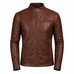 Veste en cuir véritable marron vintage imperméable pour homme, coupe ajustée, col montant, style motard, décontractée, zippée, fabrication OEM - Product Image 1