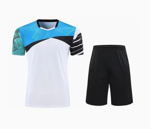 Ensemble uniforme de tennis pour hommes, blanc et bleu, imprimé géométrique, manches courtes, col en V, vêtements de sport en polyester anti-humidité pour adultes - Product Image 1