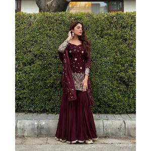 El conjunto de traje de fiesta de diseñador para mujer incluye Top Sharara Plazzo Dupatta - Product Image 1