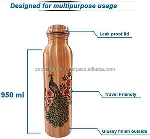 Botella de Agua de Cobre Hecha a Mano con Estampado de Pavo Real y Acabado Brillante, Tapas de Gran Capacidad para Entusiastas de la Vida Saludable - Product Image 4