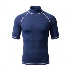 Custom Men's BJJ MMA Rash Guard Short Sleeve <b>Mock</b> <b>Neck</b> Compression Shirt Navy Blue Grappling Training <b>Top</b> with Contrast Flatlock - Product Image 1