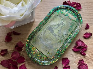 Bandeja Ovalada Verde Azul Dorado, Tarot del Mago, Brillantina Iridiscente, Resina Hecha a Mano, Decoración para el Hogar - Product Image 4