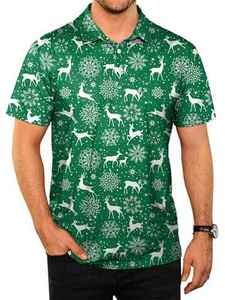 Men's Green <b>Christmas</b> Polo <b>Shirt</b> With Reindeer Snowflake Print <b>Short</b> <b>Sleeve</b> Casual Knitted Polyester Breathable Design - Product Image 2
