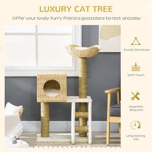 Albero per Gatti da Interno in Vimini Intrecciato con Cuccia in Rattan, Letto in Vimini, Scala e Cuscini Lavabili - 57x37 cm - Torre Tiragraffi per Gatti - Product Image 4