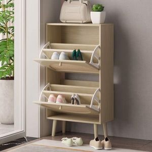 Mobiletto Portascarpe Moderno in MDF a 2 Cassetti con Ripiano in Rattan Regolabile, Organizzatore Salvaspazio per la Casa - Product Image 2