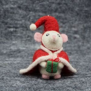 Handcrafted <b>Wool</b> Mouse Christmas Ornament Red Santa Hat Green Gift Indoor Decor Traditional Style 3.9in Height - Product Image 2