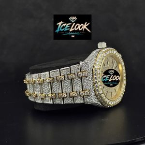 Reloj de Lujo de Cuarzo con Aspecto de Hielo, Acero Inoxidable, Incrustaciones de Diamantes, Correa de Dos Tonos, Visualización de Fecha, Reloj de Pulsera Moderno - Product Image 4