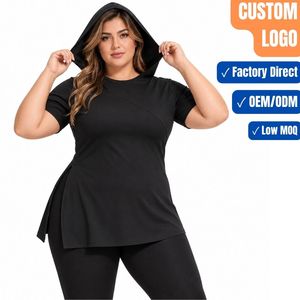 Women's Plus Size Short Sleeve Hooded <b>Top</b> Black <b>Asymmetric</b> <b>Hem</b> Custom Logo Manufacturer - Product Image 1