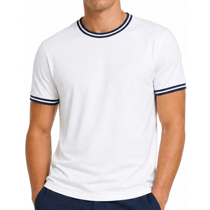 Camiseta blanca lisa de alta calidad para hombre con puños de contraste azul marino de doble franja y manga corta - Product Image 2