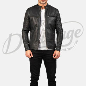 Chaqueta de Cuero Negra para Hombre, Estilo Motero, Corte Ajustado, Piel de Oveja Auténtica, Otoño Invierno, Casual, con Cuello Mao - Product Image 6