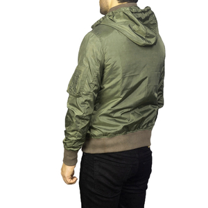 Blouson bomber à capuche vert olive pour homme, couleur unie, fermeture éclair, coupe-vent, vêtement d'extérieur décontracté pour l'automne, en polyester - Product Image 1