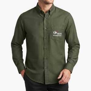 Chemise habillée à manches longues pour homme WIZE INTERNATIONAL, vert olive, col boutonné, couleur unie, style décontracté élégant, respirante, 100% coton - Product Image 1