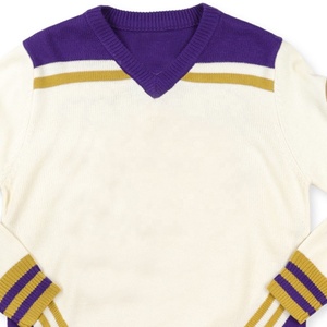 เสื้อสเวตเตอร์ถักคอวีสีครีมสำหรับผู้ชาย แบรนด์ Fraternity แต่งขอบสีเหลืองและแถบลายที่แขนเสื้อ แขนยาว ใส่สบายๆ ในฤดูใบไม้ร่วง - Product Image 4