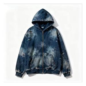 Sudadera con capucha para hombre de alta calidad, extragrande, gruesa, con cremallera, estilo vintage, efecto desgastado por el sol, con lavado ácido. - Product Image 3