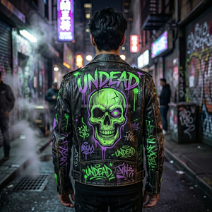 Chaqueta de Cuero Genuino de Piel de Vaca con Estampado Gráfico de Calavera Personalizado para Hombre, Estilo Punk, Motero, Ropa de Calle, Venta al por Mayor, Suministro de Marca - Product Image 1