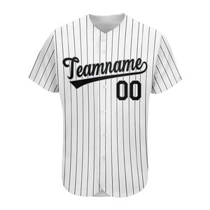Men's Baseball Jersey <b>White</b> Pinstripe V-Neck Short Sleeve <b>Button</b> Front Sublimated Print Team name 00 Regular Fit Adult Apparel - Product Image 1