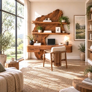 Bureau mural contemporain en bois artisanal avec étagères en forme d'arbre et tiroir pour bureau à domicile - Product Image 3