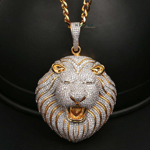 Pendentif tête de lion plaqué or 22 carats pour homme avec incrustation de diamants, chaîne hip-hop, à porter au quotidien - Product Image 1