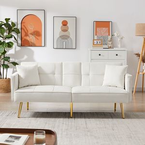 Divano Letto Futon in Velluto Bianco Crema con Gambe in Metallo Dorato, Elegante e Raffinato - Product Image 1
